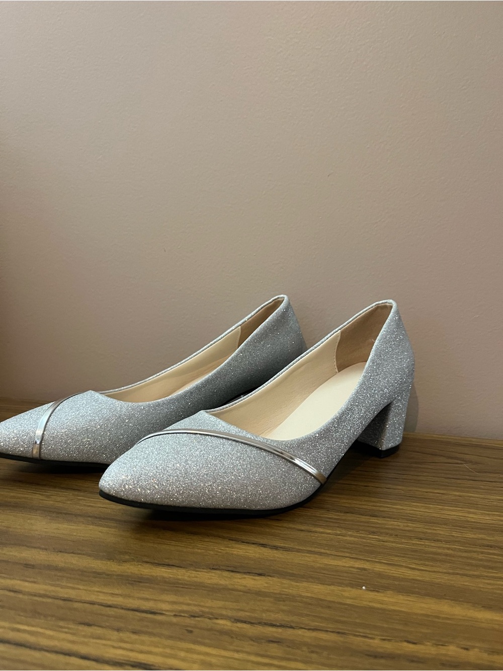 Women's Silver Glitter Low Block Heel Pumps